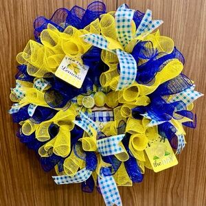 Blue and Yellow Mesh Wreath with Lemon Accents
